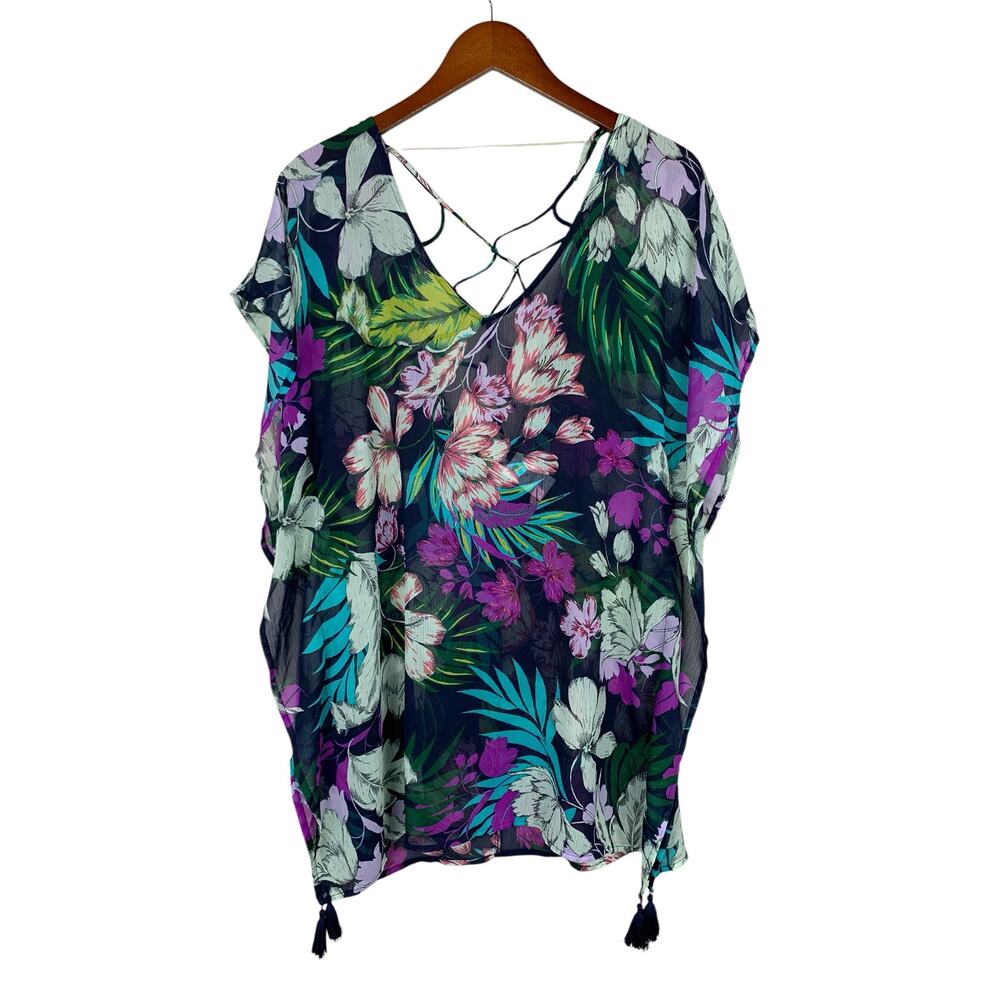 Kona Sol Swim Cover Up Navy Blue Floral Criss Cross Back Kaftan Women's M